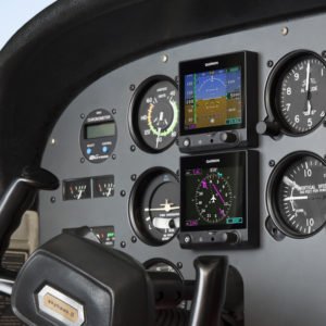 Skyhawk instrument panel with dual Garmin G5 units on display.